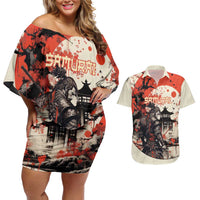 Samurai Warrior Japan Couples Matching Off Shoulder Short Dress and Hawaiian Shirt Red-blossomed Tree Classic Japanese Stylized LT14 Red - Polynesian Pride