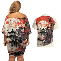 Samurai Warrior Japan Couples Matching Off Shoulder Short Dress and Hawaiian Shirt Red-blossomed Tree Classic Japanese Stylized LT14 - Polynesian Pride