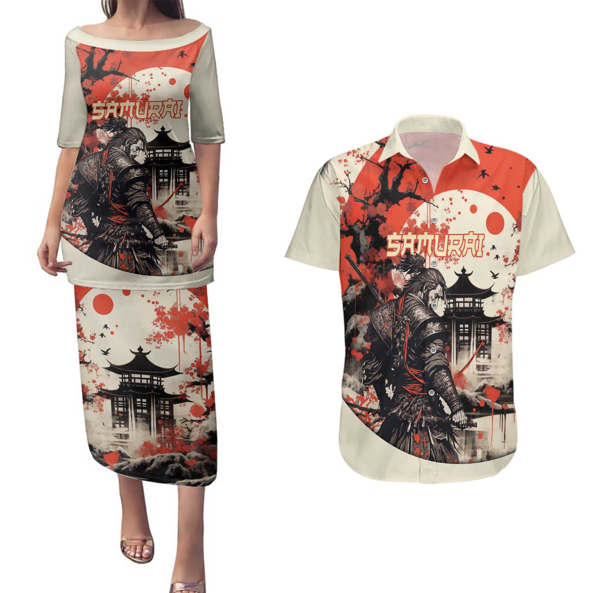 Samurai Warrior Japan Couples Matching Puletasi and Hawaiian Shirt Red-blossomed Tree Classic Japanese Stylized - Polynesian Pride