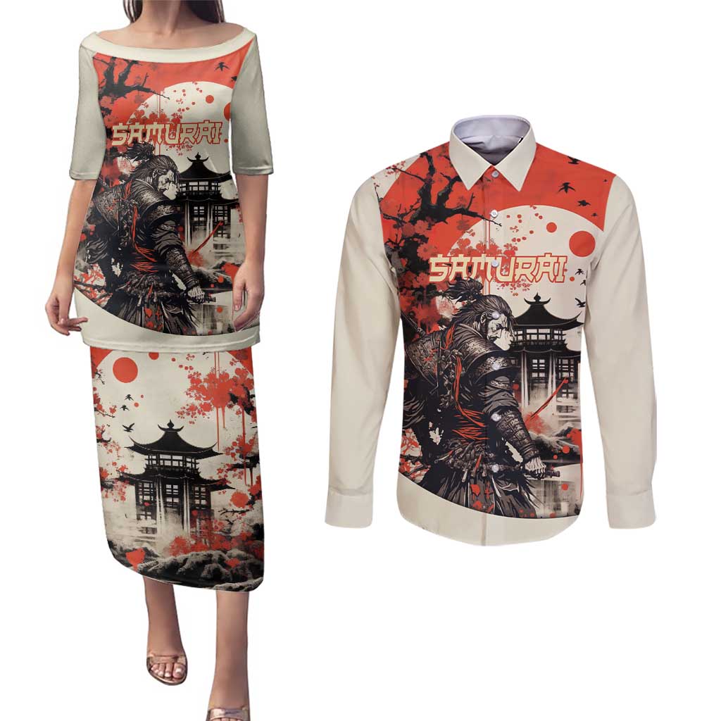 Samurai Warrior Japan Couples Matching Puletasi and Long Sleeve Button Shirt Red-blossomed Tree Classic Japanese Stylized - Polynesian Pride