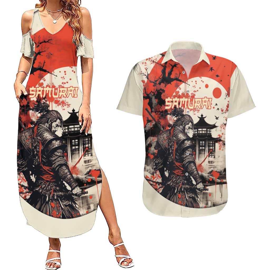 Samurai Warrior Japan Couples Matching Summer Maxi Dress and Hawaiian Shirt Red-blossomed Tree Classic Japanese Stylized LT14 Red - Polynesian Pride