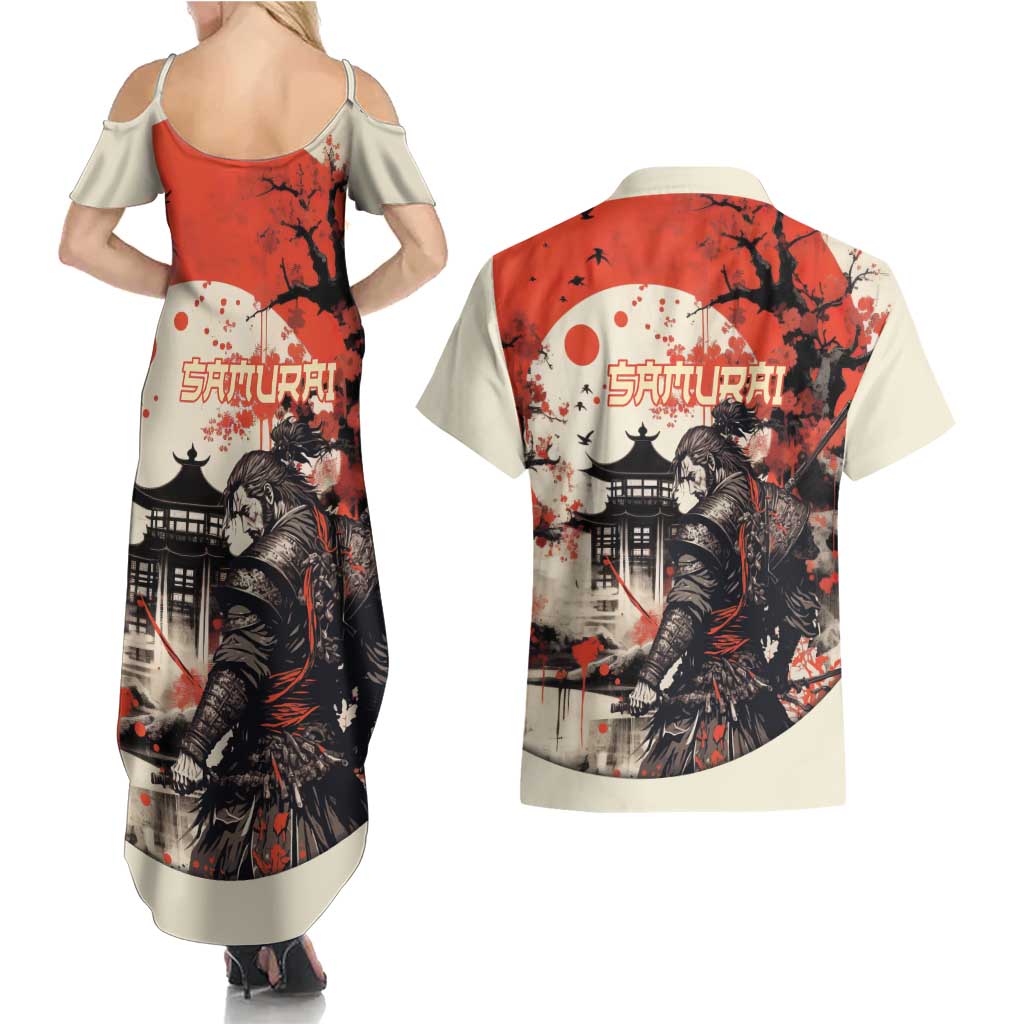 Samurai Warrior Japan Couples Matching Summer Maxi Dress and Hawaiian Shirt Red-blossomed Tree Classic Japanese Stylized LT14 - Polynesian Pride