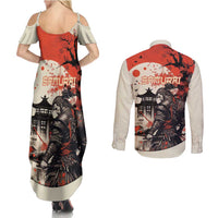 Samurai Warrior Japan Couples Matching Summer Maxi Dress and Long Sleeve Button Shirt Red-blossomed Tree Classic Japanese Stylized - Polynesian Pride