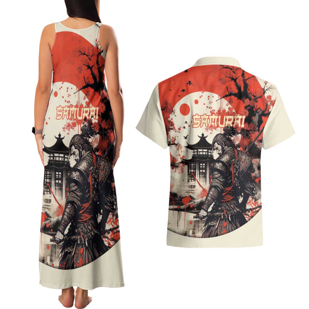Samurai Warrior Japan Couples Matching Tank Maxi Dress and Hawaiian Shirt Red-blossomed Tree Classic Japanese Stylized - Polynesian Pride
