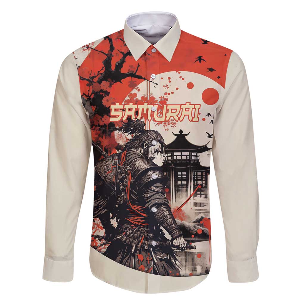 Samurai Warrior Japan Family Matching Long Sleeve Bodycon Dress and Hawaiian Shirt Red-blossomed Tree Classic Japanese Stylized - Polynesian Pride