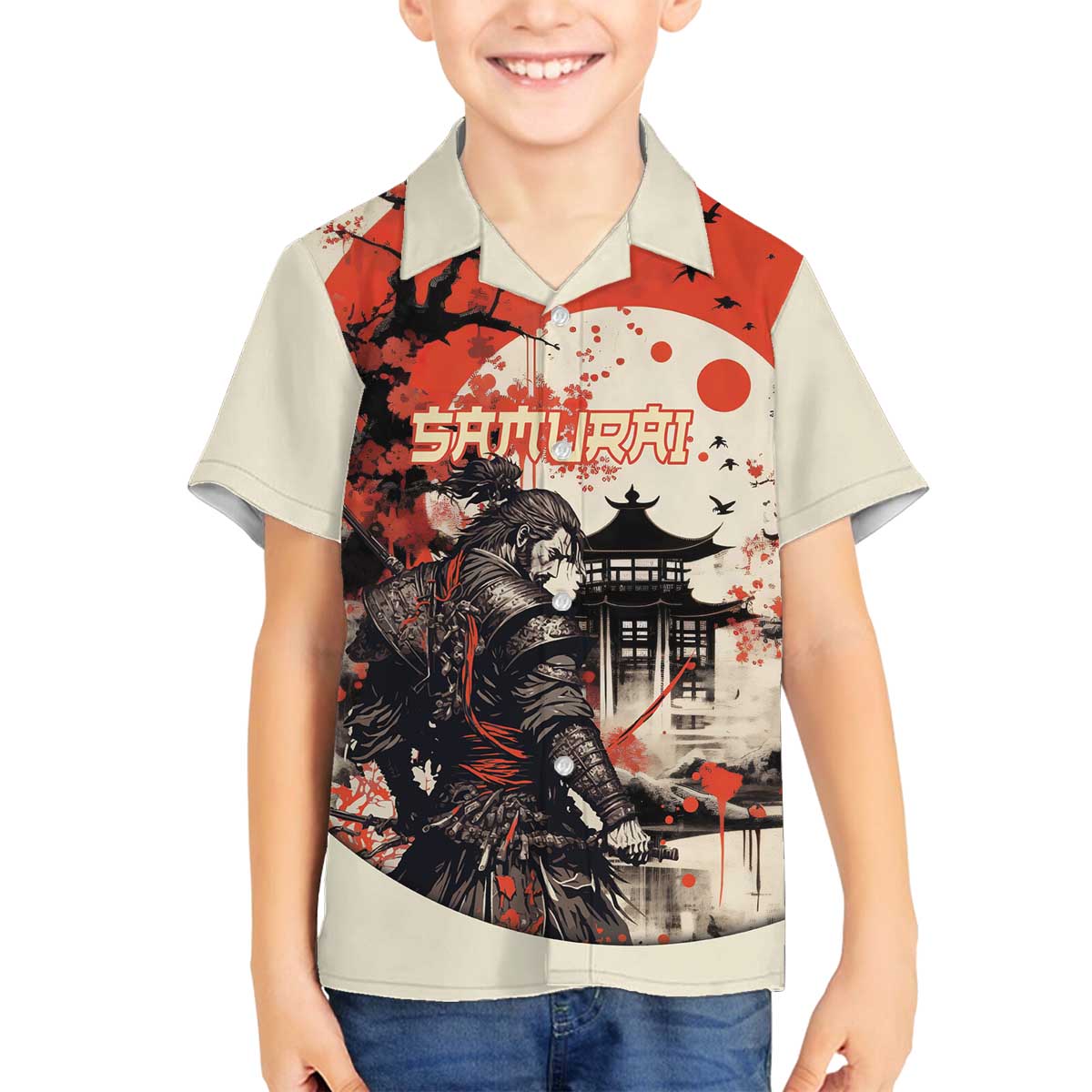 Samurai Warrior Japan Family Matching Off The Shoulder Long Sleeve Dress and Hawaiian Shirt Red-blossomed Tree Classic Japanese Stylized - Polynesian Pride