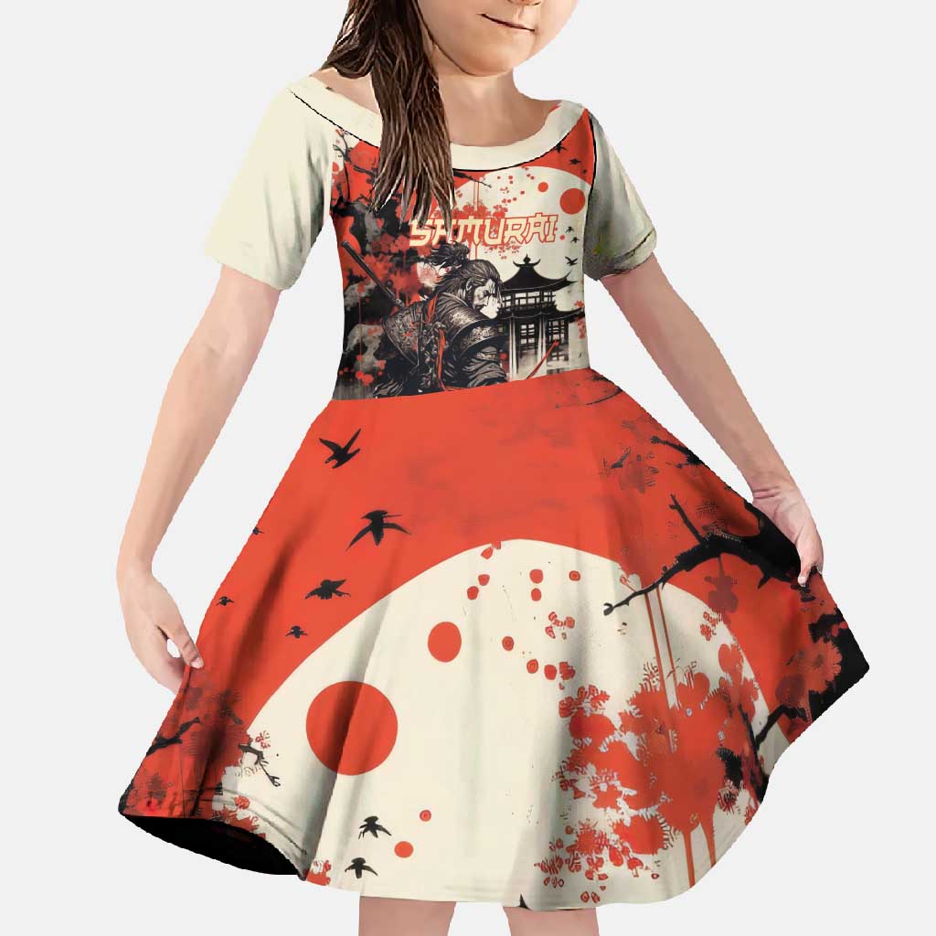 Samurai Warrior Japan Family Matching Summer Maxi Dress and Hawaiian Shirt Red-blossomed Tree Classic Japanese Stylized LT14 Daughter's Dress Red - Polynesian Pride
