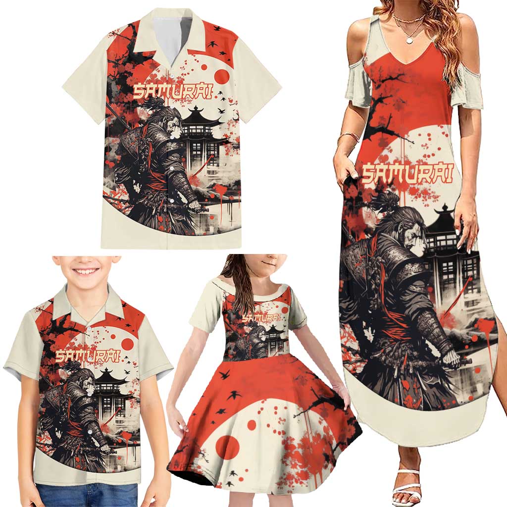 Samurai Warrior Japan Family Matching Summer Maxi Dress and Hawaiian Shirt Red-blossomed Tree Classic Japanese Stylized LT14 - Polynesian Pride