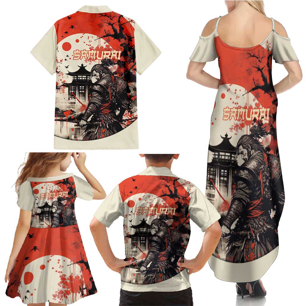 Samurai Warrior Japan Family Matching Summer Maxi Dress and Hawaiian Shirt Red-blossomed Tree Classic Japanese Stylized LT14 - Polynesian Pride