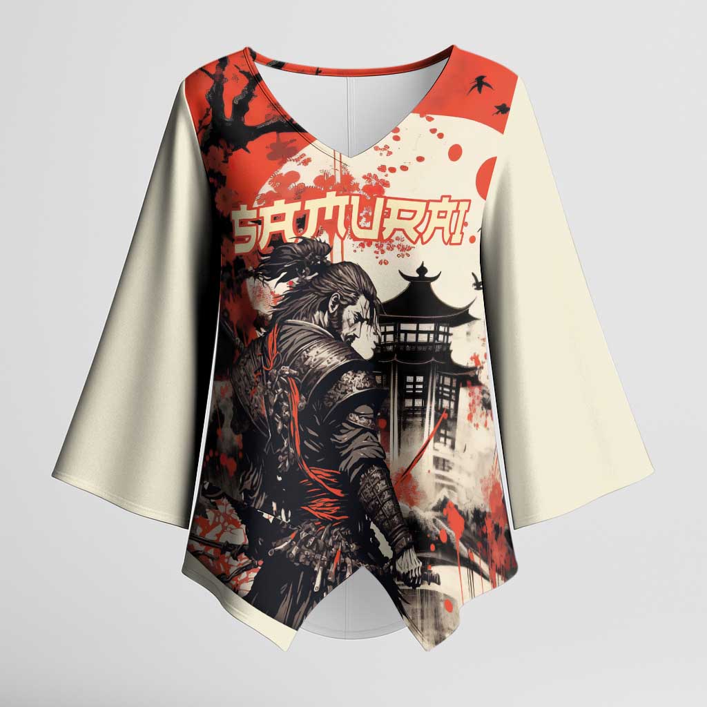 Samurai Warrior Japan Kimono Sleeve Blouse Red-blossomed Tree Classic Japanese Stylized - Polynesian Pride