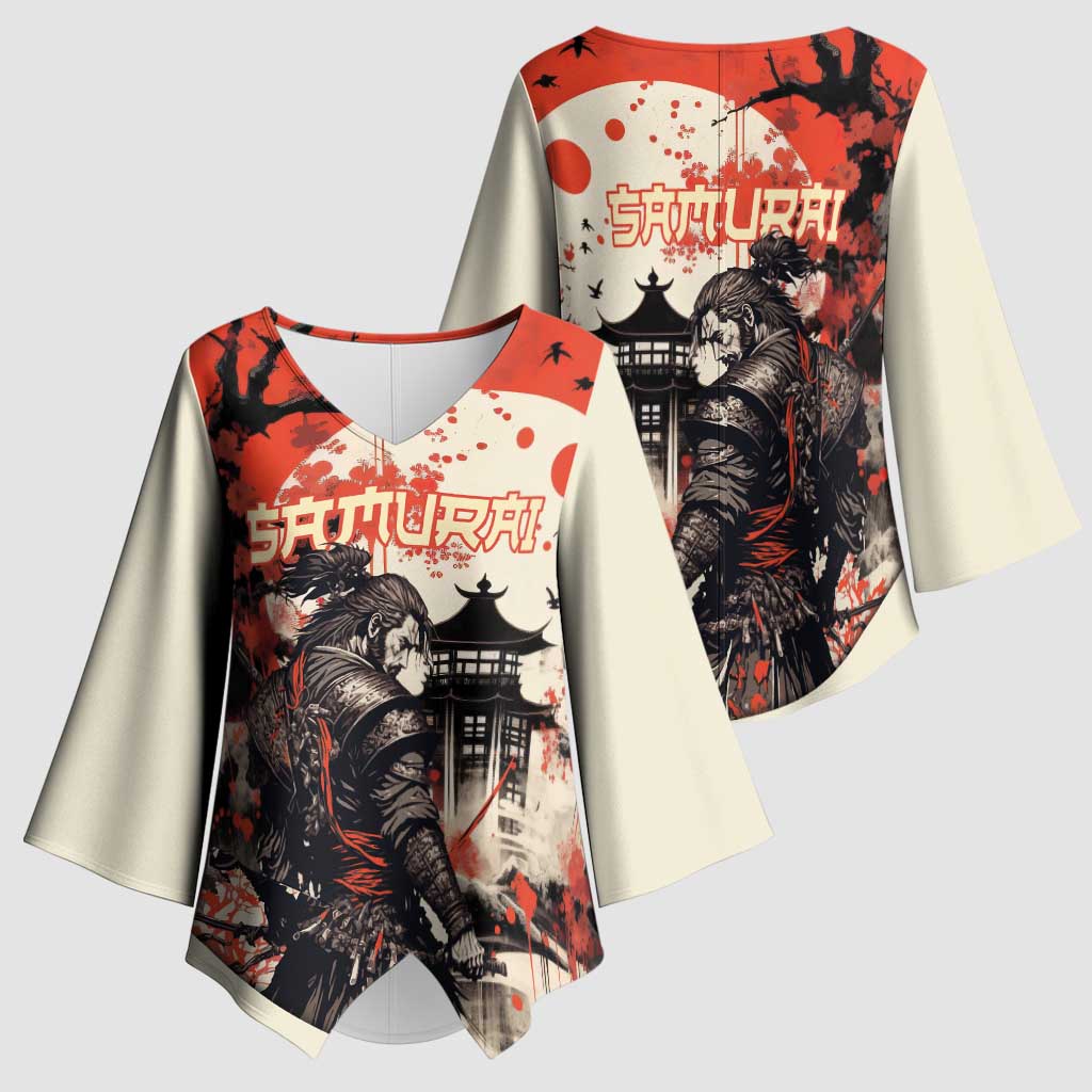 Samurai Warrior Japan Kimono Sleeve Blouse Red-blossomed Tree Classic Japanese Stylized - Polynesian Pride