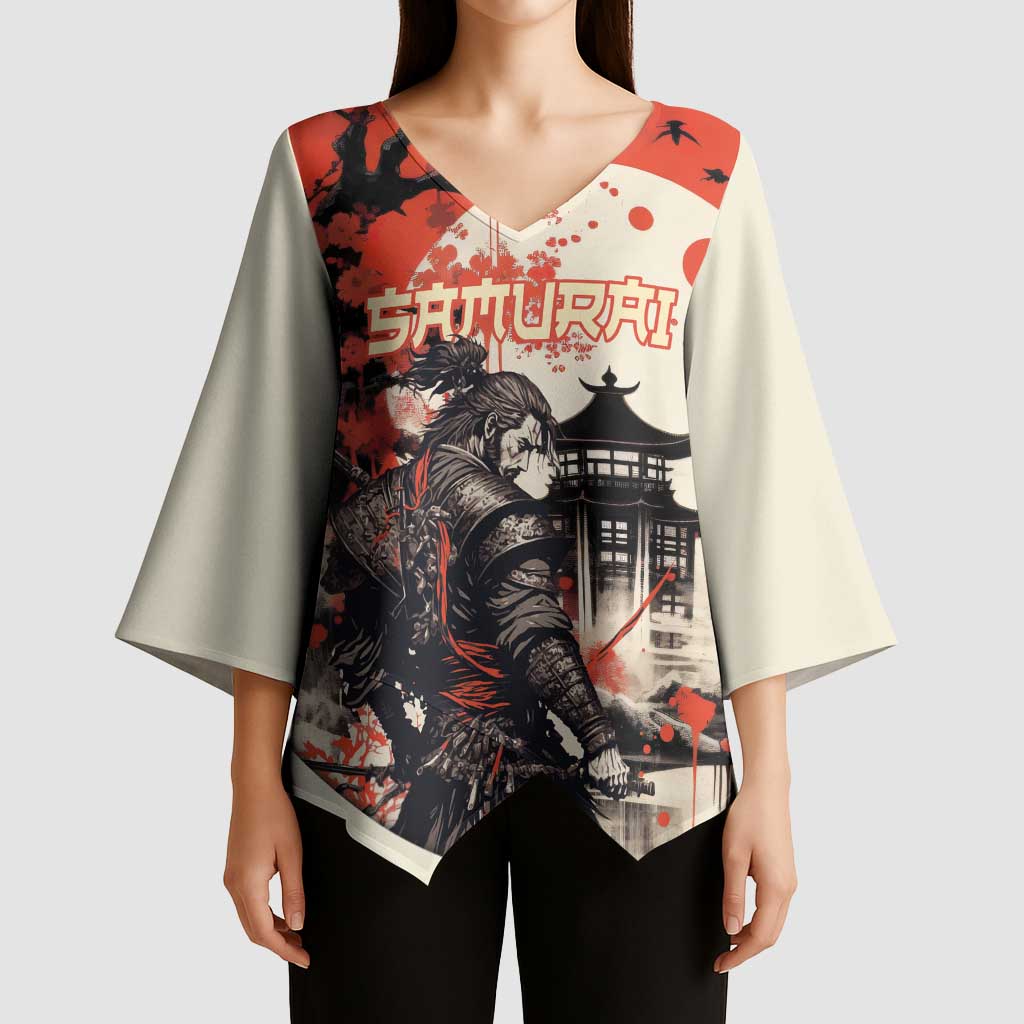 Samurai Warrior Japan Kimono Sleeve Blouse Red-blossomed Tree Classic Japanese Stylized - Polynesian Pride