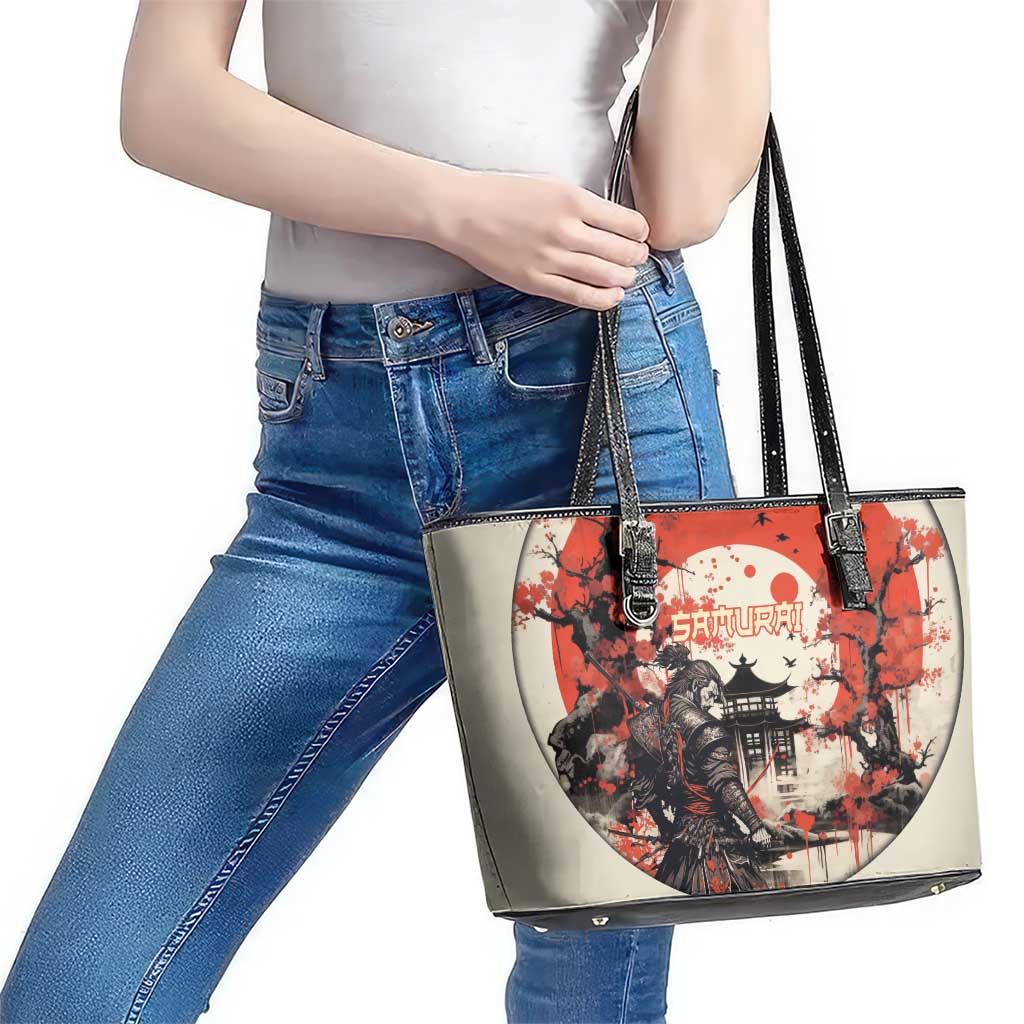 Samurai Warrior Japan Leather Tote Bag Red-blossomed Tree Classic Japanese Stylized - Polynesian Pride