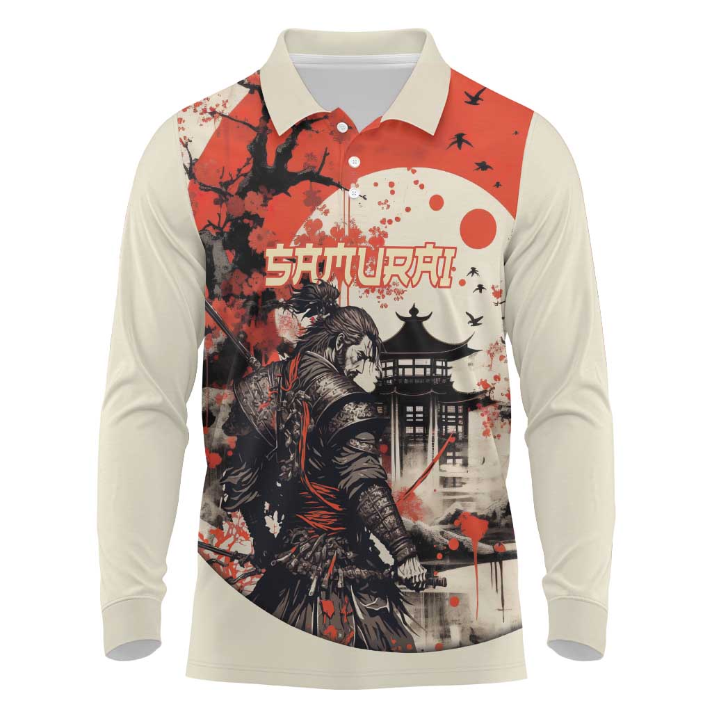 Samurai Warrior Japan Long Sleeve Polo Shirt Red-blossomed Tree Classic Japanese Stylized LT14 Red - Polynesian Pride