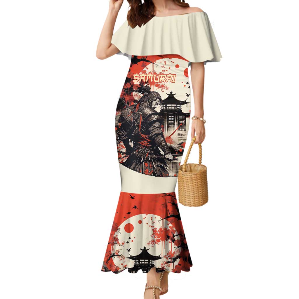 Samurai Warrior Japan Mermaid Dress Red-blossomed Tree Classic Japanese Stylized - Polynesian Pride