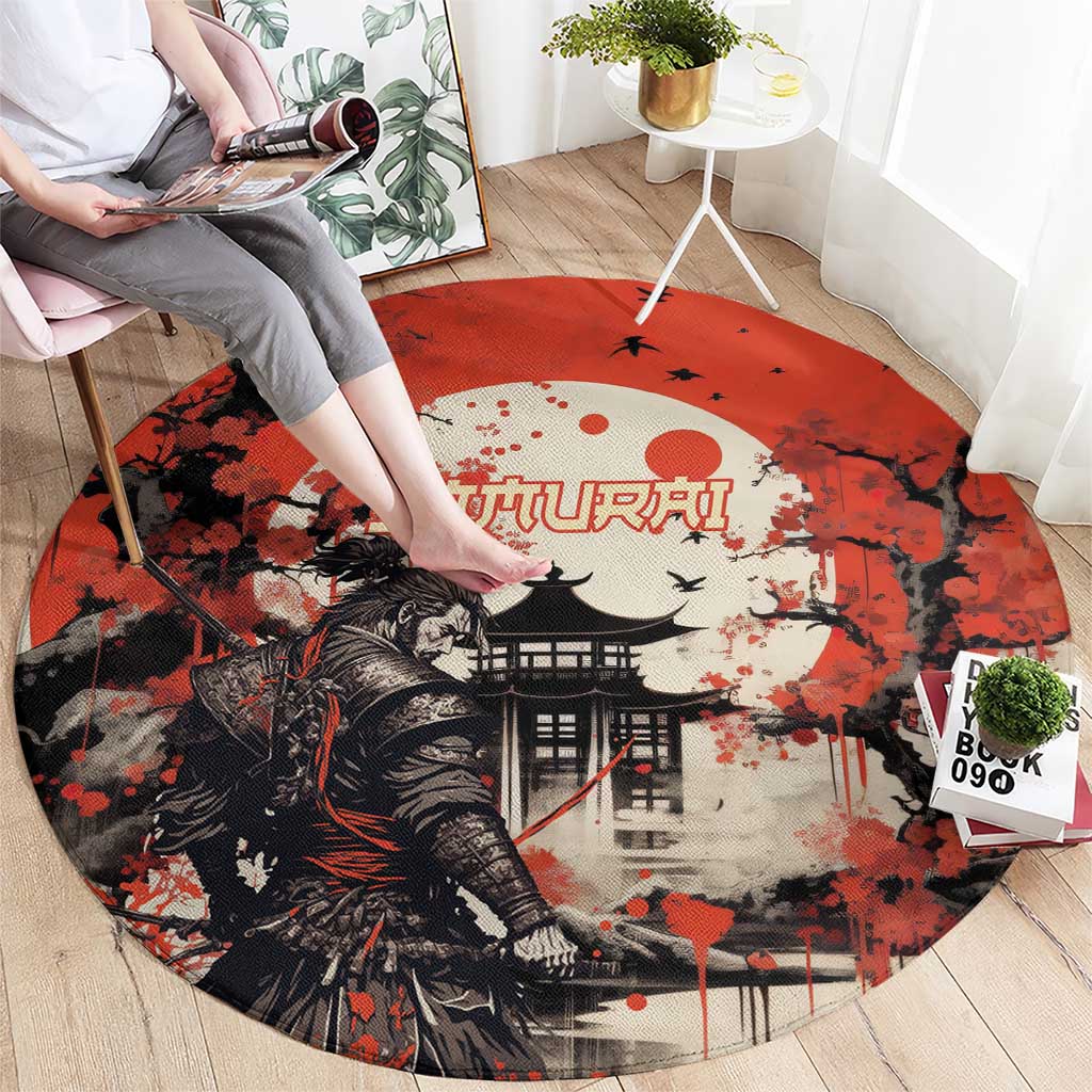 Samurai Warrior Japan Round Carpet Red-blossomed Tree Classic Japanese Stylized - Polynesian Pride