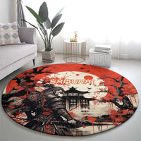 Samurai Warrior Japan Round Carpet Red-blossomed Tree Classic Japanese Stylized - Polynesian Pride