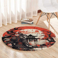 Samurai Warrior Japan Round Carpet Red-blossomed Tree Classic Japanese Stylized - Polynesian Pride
