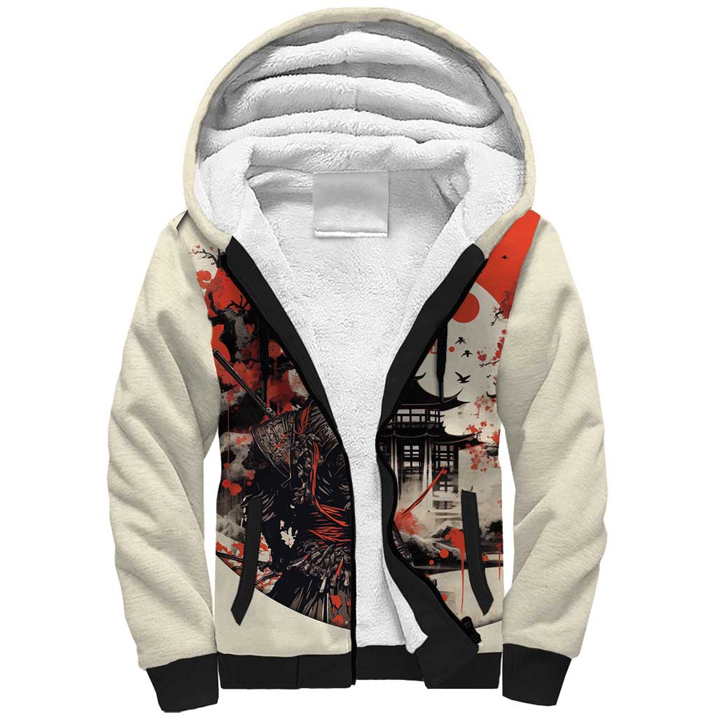 Samurai Warrior Japan Sherpa Hoodie Red-blossomed Tree Classic Japanese Stylized - Polynesian Pride