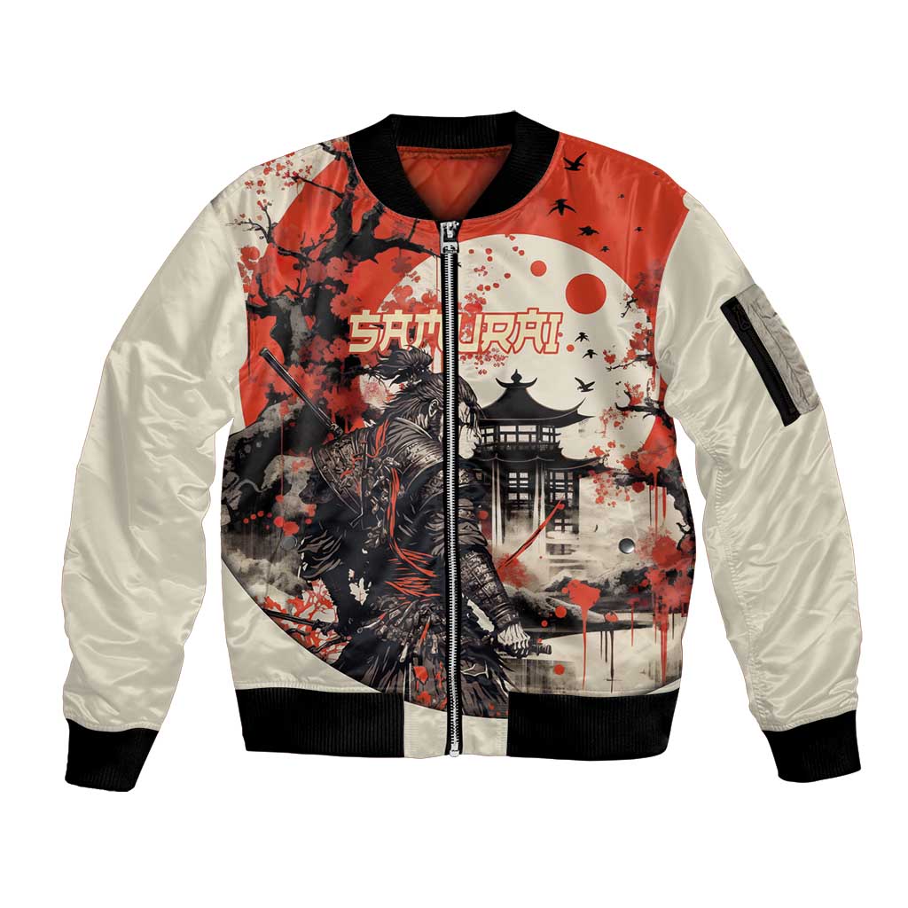 Samurai Warrior Japan Sleeve Zip Bomber Jacket Red-blossomed Tree Classic Japanese Stylized - Polynesian Pride