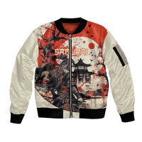 Samurai Warrior Japan Sleeve Zip Bomber Jacket Red-blossomed Tree Classic Japanese Stylized - Polynesian Pride