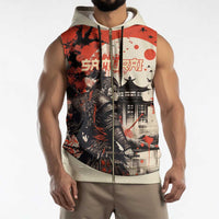 Samurai Warrior Japan Sleeveless Zip Hoodie Red-blossomed Tree Classic Japanese Stylized - Polynesian Pride