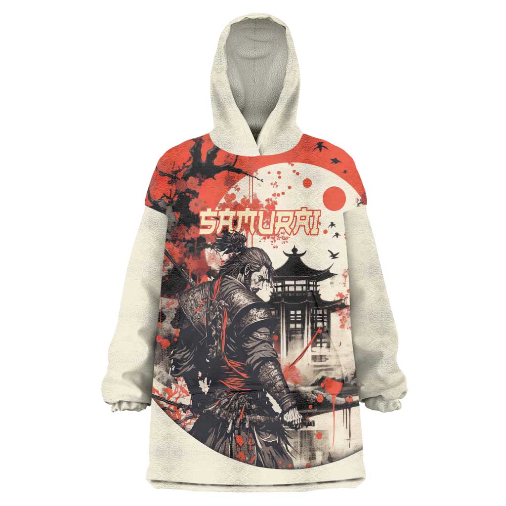 Samurai Warrior Japan Wearable Blanket Hoodie Red-blossomed Tree Classic Japanese Stylized - Polynesian Pride