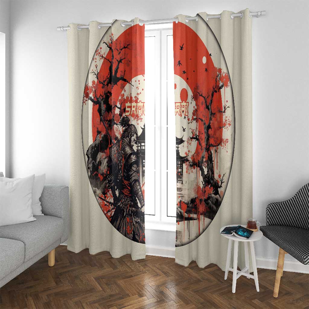 Samurai Warrior Japan Window Curtain Red-blossomed Tree Classic Japanese Stylized - Polynesian Pride