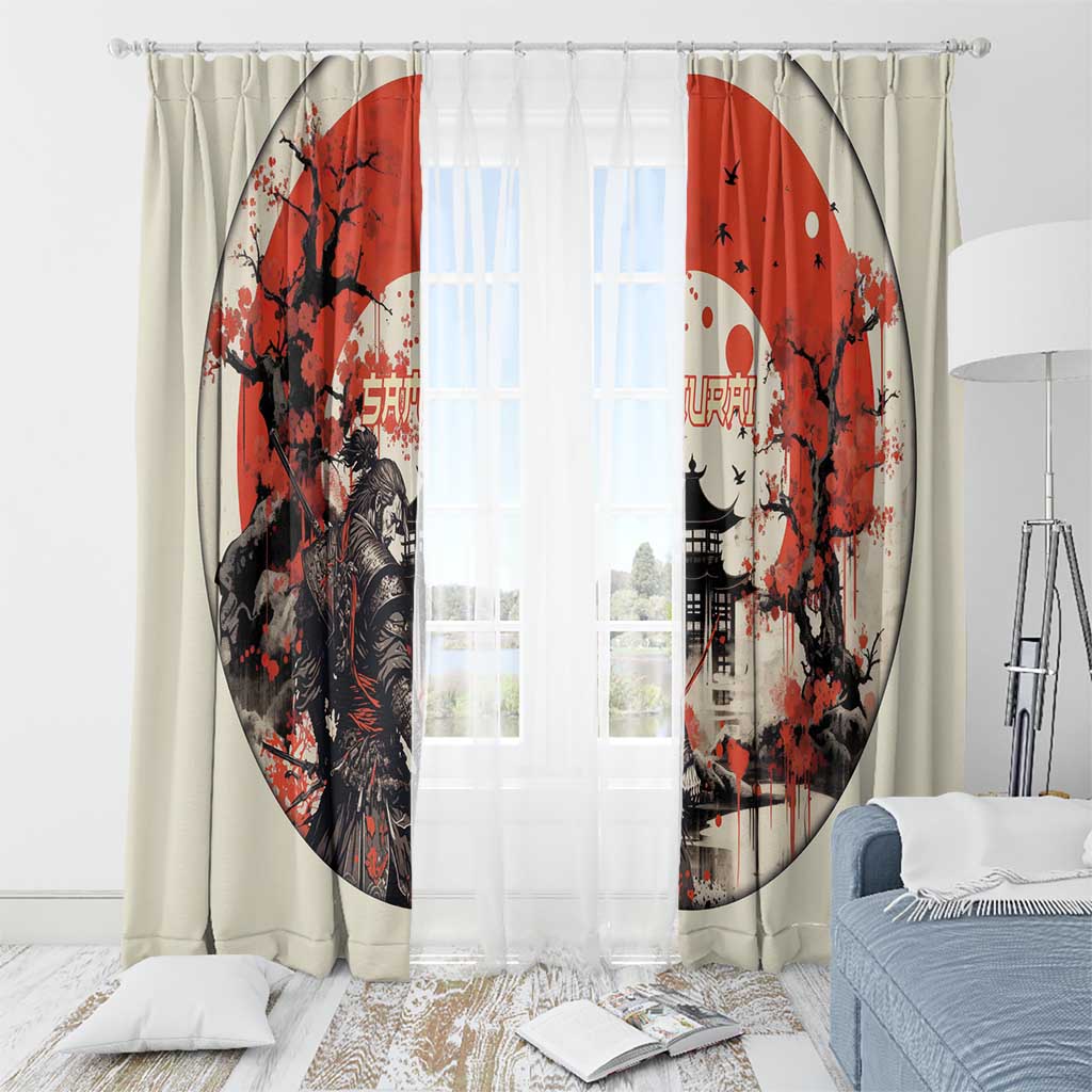 Samurai Warrior Japan Window Curtain Red-blossomed Tree Classic Japanese Stylized - Polynesian Pride