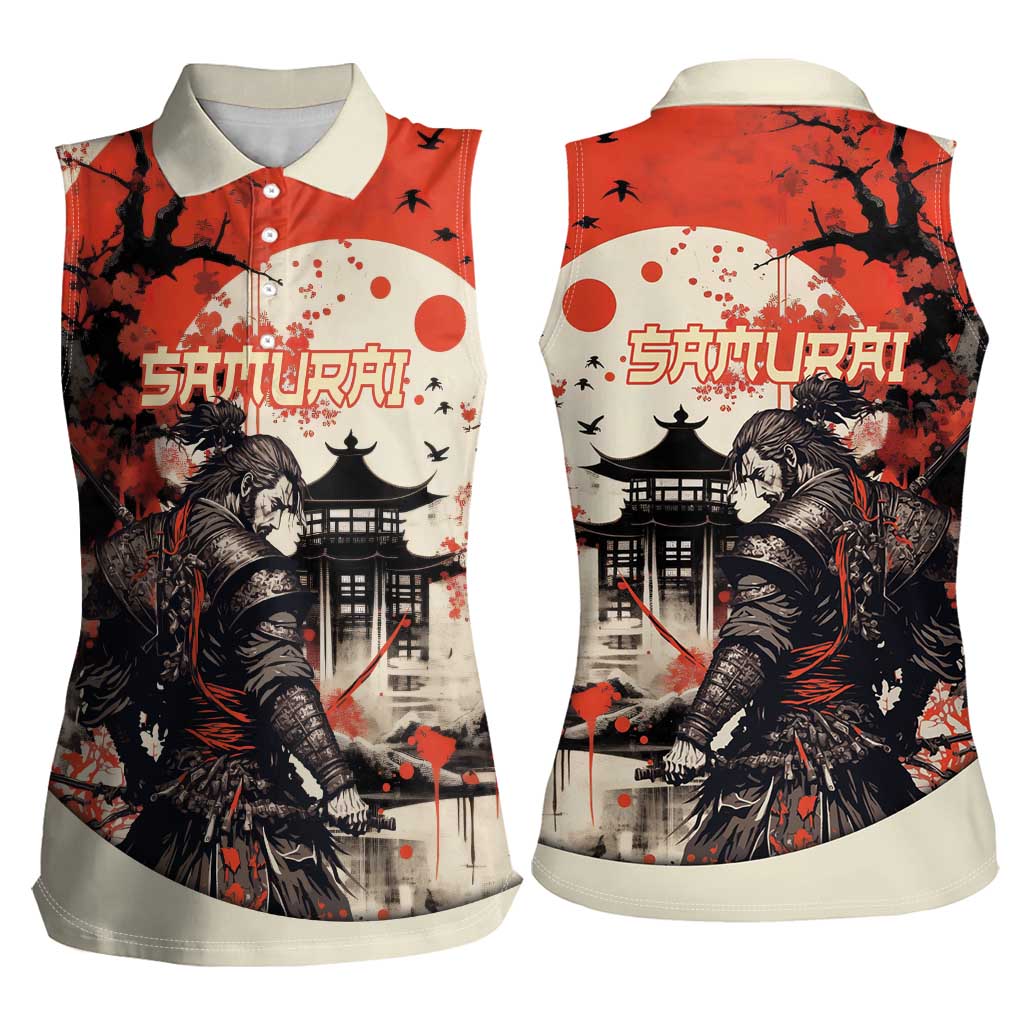 Samurai Warrior Japan Women Sleeveless Polo Shirt Red-blossomed Tree Classic Japanese Stylized - Polynesian Pride
