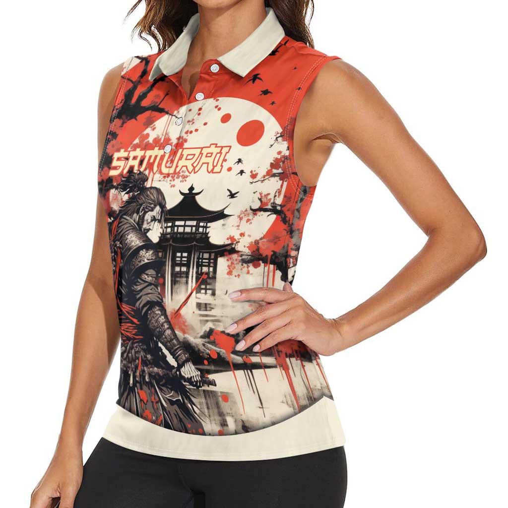 Samurai Warrior Japan Women Sleeveless Polo Shirt Red-blossomed Tree Classic Japanese Stylized - Polynesian Pride
