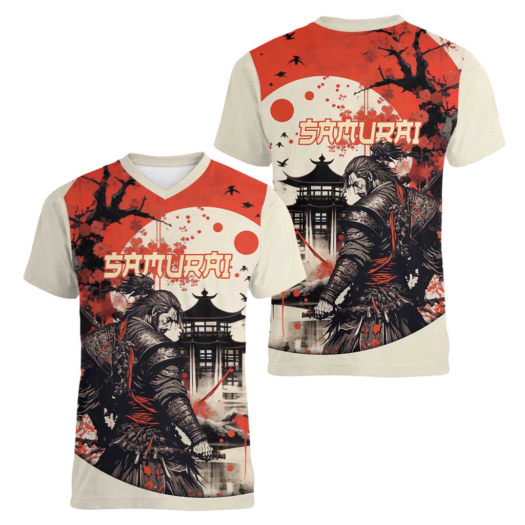 Samurai Warrior Japan Women V-Neck T-Shirt Red-blossomed Tree Classic Japanese Stylized - Polynesian Pride