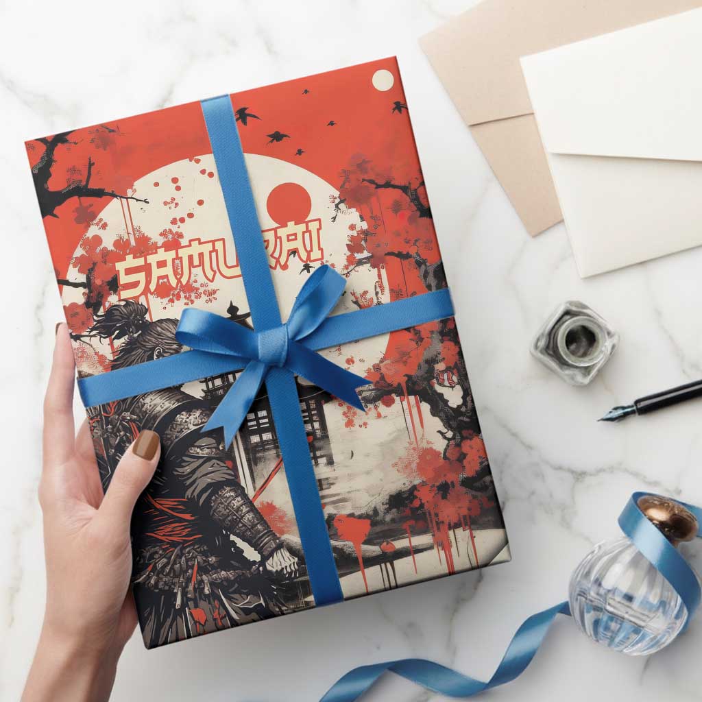 Samurai Warrior Japan Wrapping Paper Red-blossomed Tree Classic Japanese Stylized - Polynesian Pride