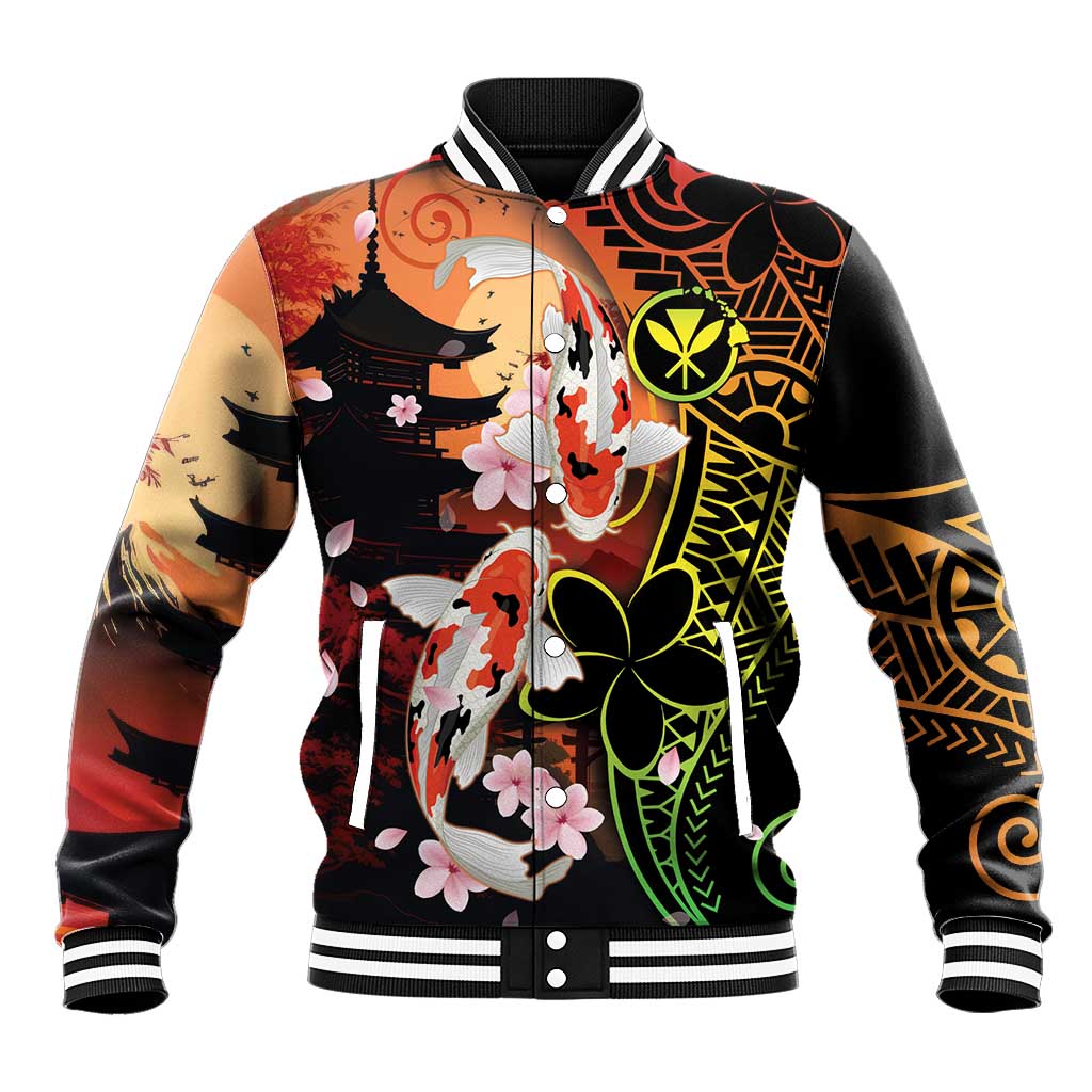 Hawaiian and Japanese Baseball Jacket Koi Fish With Kanaka Polynesian Tattoo - Polynesian Pride