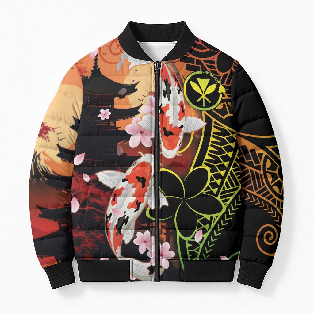 Hawaiian and Japanese Bomber Puffer Jacket Koi Fish With Kanaka Polynesian Tattoo - Polynesian Pride