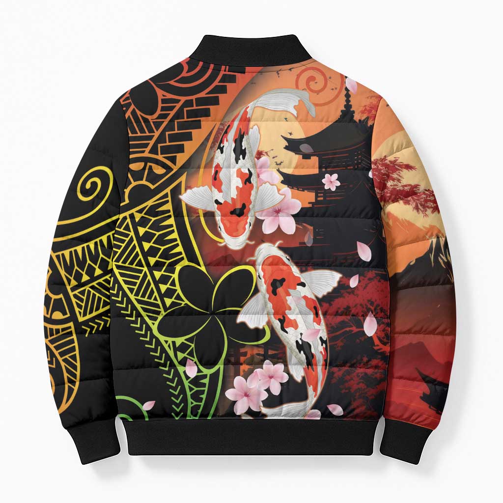 Hawaiian and Japanese Bomber Puffer Jacket Koi Fish With Kanaka Polynesian Tattoo - Polynesian Pride