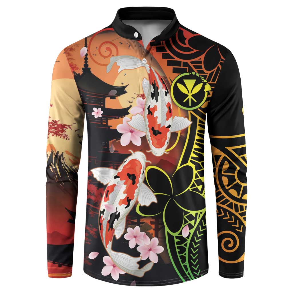 Hawaiian and Japanese Button Sweatshirt Koi Fish With Kanaka Polynesian Tattoo - Polynesian Pride