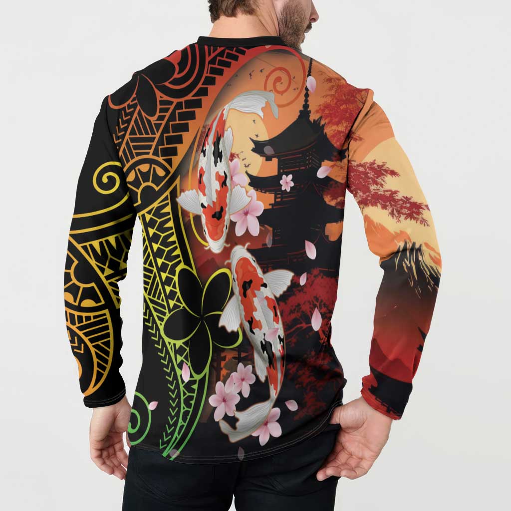 Hawaiian and Japanese Button Sweatshirt Koi Fish With Kanaka Polynesian Tattoo - Polynesian Pride