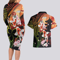 Hawaiian and Japanese Couples Matching Long Sleeve Bodycon Dress and Hawaiian Shirt Koi Fish With Kanaka Polynesian Tattoo - Polynesian Pride