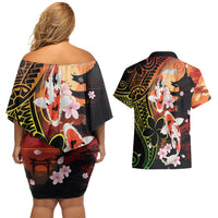 Hawaiian and Japanese Couples Matching Off Shoulder Short Dress and Hawaiian Shirt Koi Fish With Kanaka Polynesian Tattoo - Polynesian Pride