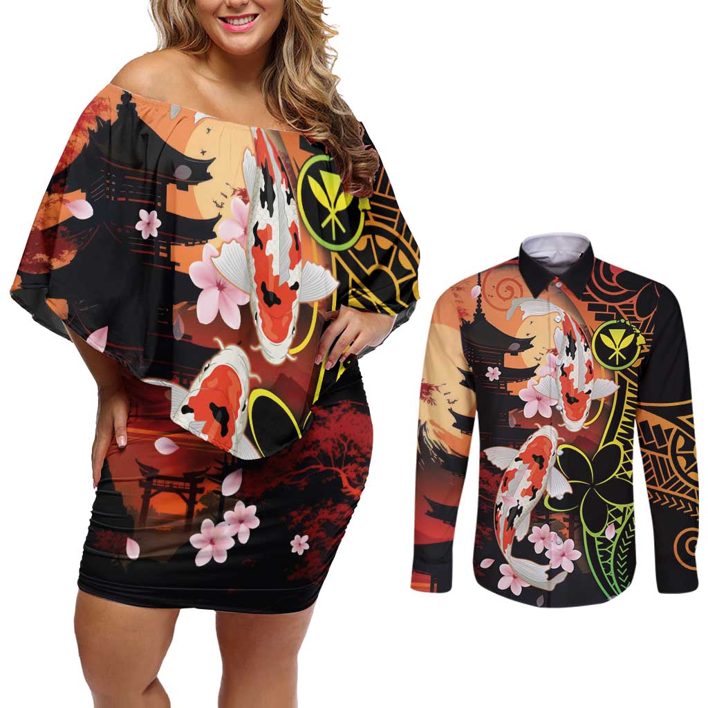 Hawaiian and Japanese Couples Matching Off Shoulder Short Dress and Long Sleeve Button Shirt Koi Fish With Kanaka Polynesian Tattoo - Polynesian Pride
