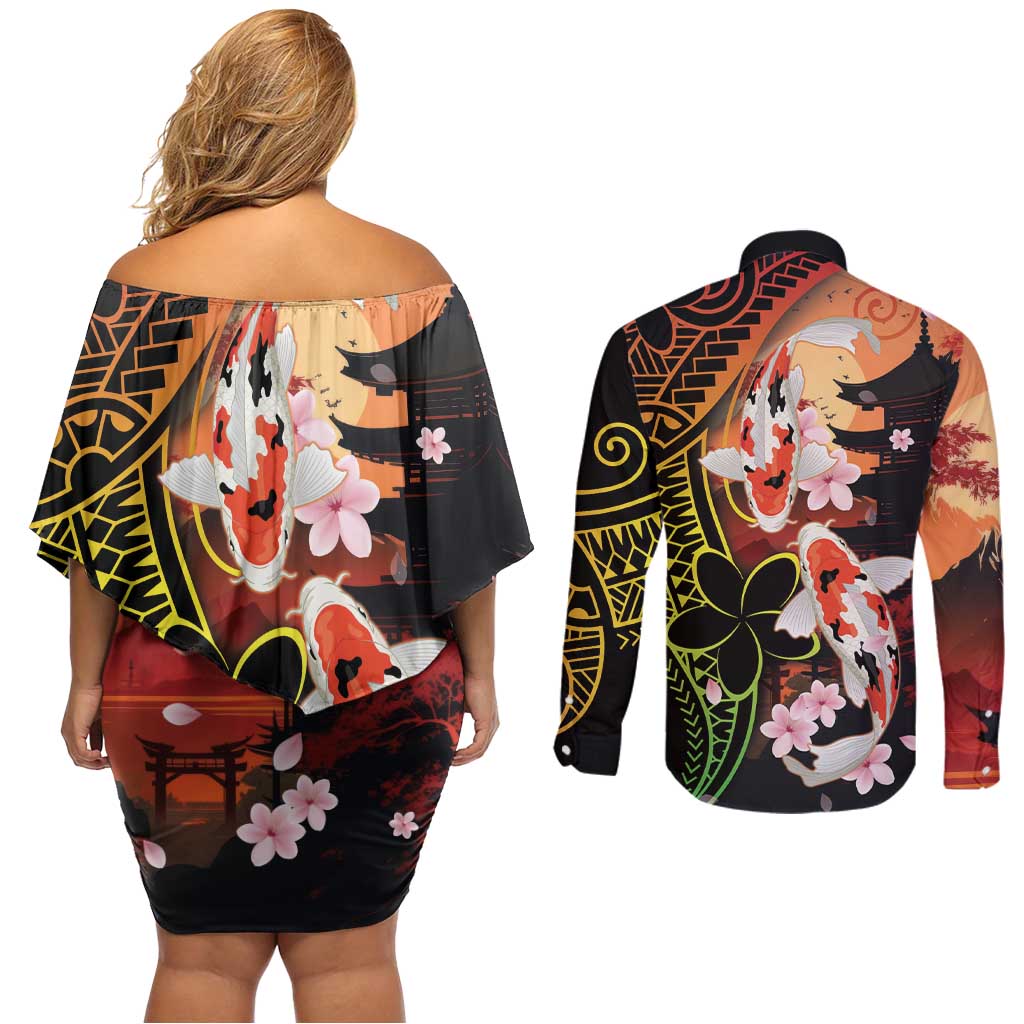 Hawaiian and Japanese Couples Matching Off Shoulder Short Dress and Long Sleeve Button Shirt Koi Fish With Kanaka Polynesian Tattoo - Polynesian Pride