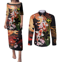 Hawaiian and Japanese Couples Matching Puletasi and Long Sleeve Button Shirt Koi Fish With Kanaka Polynesian Tattoo - Polynesian Pride