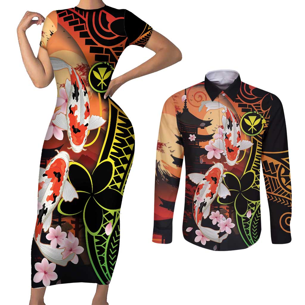 Hawaiian and Japanese Couples Matching Short Sleeve Bodycon Dress and Long Sleeve Button Shirt Koi Fish With Kanaka Polynesian Tattoo - Polynesian Pride