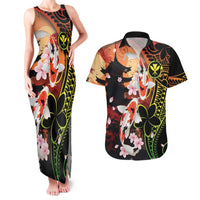 Hawaiian and Japanese Couples Matching Tank Maxi Dress and Hawaiian Shirt Koi Fish With Kanaka Polynesian Tattoo - Polynesian Pride