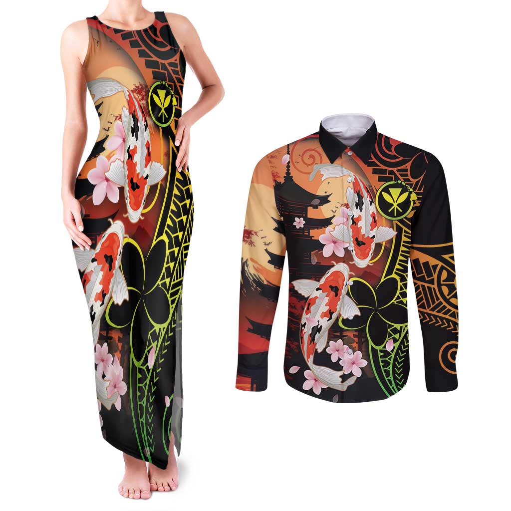 Hawaiian and Japanese Couples Matching Tank Maxi Dress and Long Sleeve Button Shirt Koi Fish With Kanaka Polynesian Tattoo - Polynesian Pride
