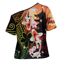 Hawaiian and Japanese Cross Shoulder Shirt Koi Fish With Kanaka Polynesian Tattoo - Polynesian Pride