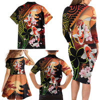 Hawaiian and Japanese Family Matching Long Sleeve Bodycon Dress and Hawaiian Shirt Koi Fish With Kanaka Polynesian Tattoo - Polynesian Pride