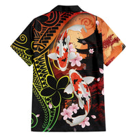 Hawaiian and Japanese Family Matching Off The Shoulder Long Sleeve Dress and Hawaiian Shirt Koi Fish With Kanaka Polynesian Tattoo - Polynesian Pride
