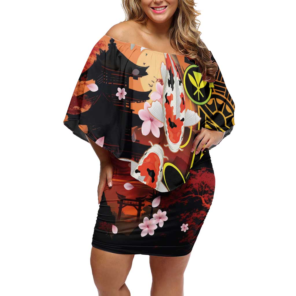 Hawaiian and Japanese Family Matching Off Shoulder Short Dress and Hawaiian Shirt Koi Fish With Kanaka Polynesian Tattoo - Polynesian Pride